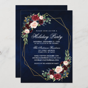 Invitation Aquarelle Floral Gold Frame Fête Fête Bleu