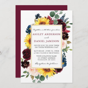 Invitation Aquarelle Floral Gold Frame Mariage Bourgogne