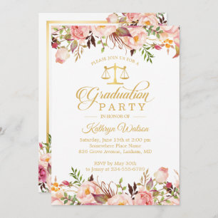 Invitation Aquarelle Floral Gold Law School Graduation Photo