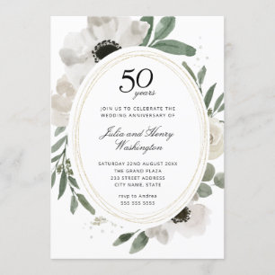 Invitation Aquarelle Floral Gold Photo 50e anniversaire