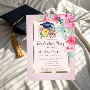 Invitation Aquarelle Floral Grad Casquette Dots Grad Grad Gra
