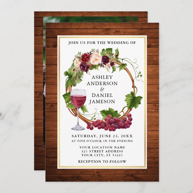 Invitation Aquarelle Floral Grappes Wreath Photo Bois Mariage (Devant / Derrière)