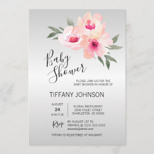 Invitation Aquarelle Floral Gris rose Baby shower