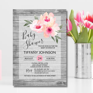 Invitation Aquarelle Floral Gris rose Baby shower rustique