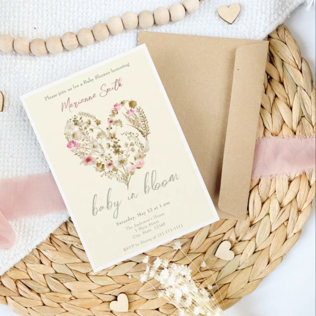 Invitation Aquarelle Floral Heart Baby in Bloom Baby shower (Créateur téléchargé)