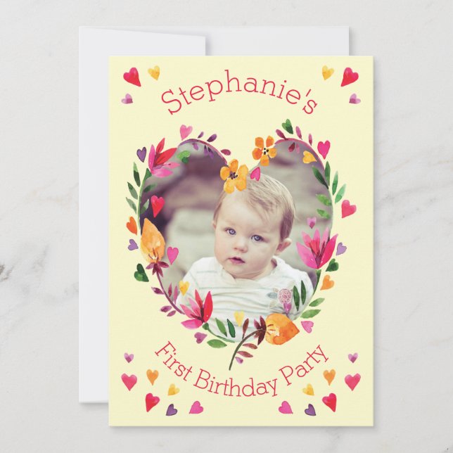 Invitation Aquarelle Floral Heart Wreath Baby 1er anniversair (Devant)
