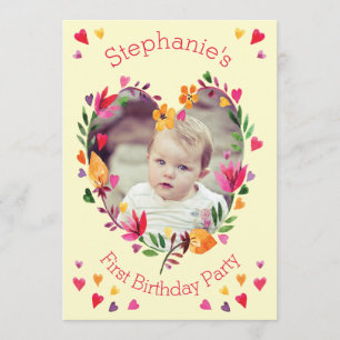 Invitation Aquarelle Floral Heart Wreath Baby 1er anniversair