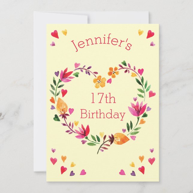 Invitation Aquarelle Floral Heart Wreath Girl 17e anniversair (Devant)