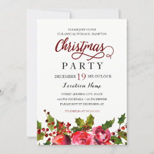 Invitation Aquarelle Floral Holly Wreath fête de Noël