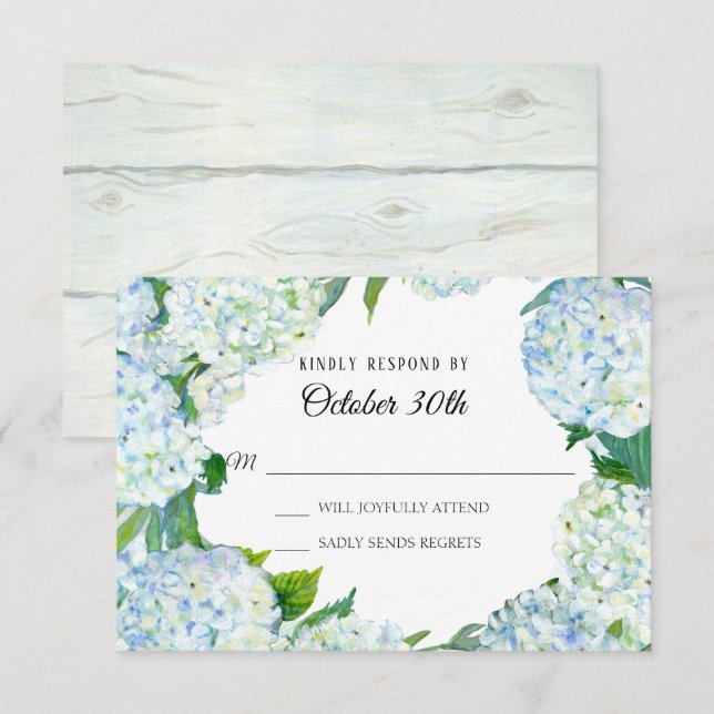 Invitation Aquarelle Floral Hydrangea Bleu Blanc Bois Rustiqu (Devant / Derrière)