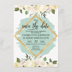 Invitation Aquarelle Floral Ivoire Mint Or