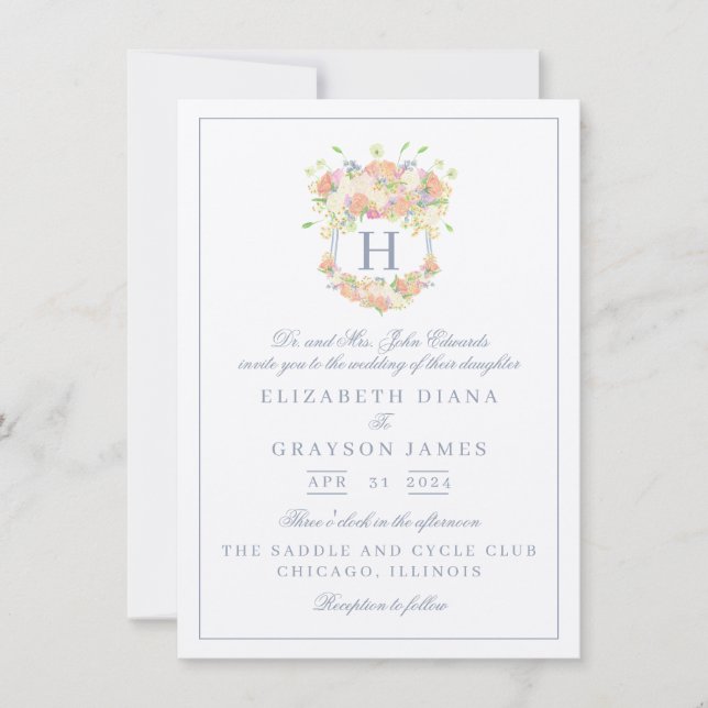 Invitation Aquarelle Floral Jardin Mariage Crest (Devant)