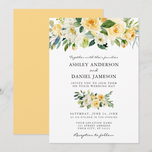Invitation Aquarelle Floral Jaune Mariage de verdure (Devant / Derrière)