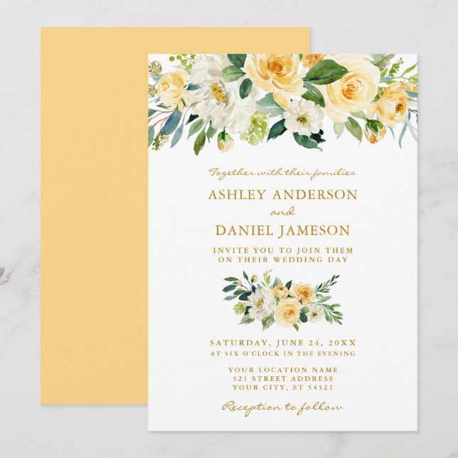 Invitation Aquarelle Floral Jaune Vert Mariage or (Devant / Derrière)
