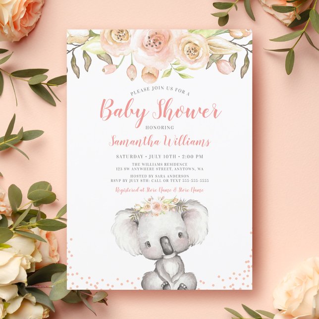 Invitation Aquarelle Floral Koala Girl Baby shower (Créateur téléchargé)