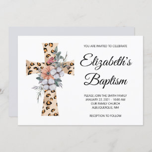 Invitation Aquarelle Floral Leopard Cross Grey Baptême gris