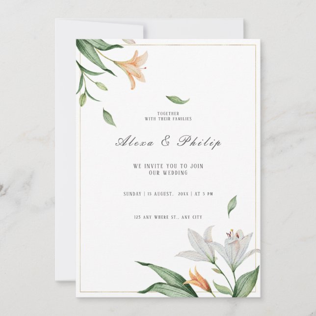 Invitation Aquarelle Floral Lily Mariage (Devant)