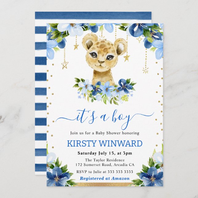 Invitation Aquarelle Floral Lion Cub Baby shower garçon (Devant / Derrière)