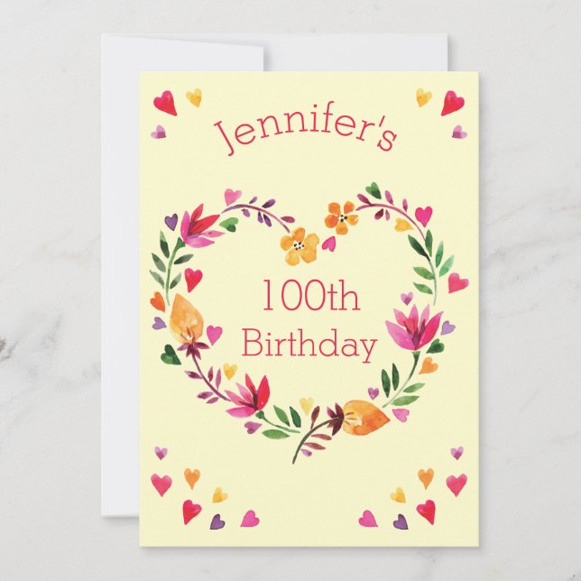 Invitation Aquarelle Floral Love Heart Wreath 100e anniversai (Devant)