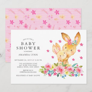 Invitation Aquarelle Floral Maman Baby Bunny Baby Girl Douche