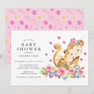 Invitation Aquarelle Floral Maman Baby Monkey Baby Girl Douch
