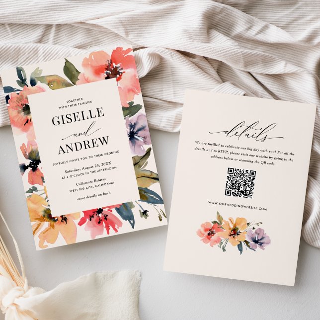 Invitation Aquarelle Floral Mariage à double sens site Web QR (Créateur téléchargé)