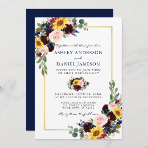 Invitation Aquarelle Floral Mariage Bleu Gold Frame