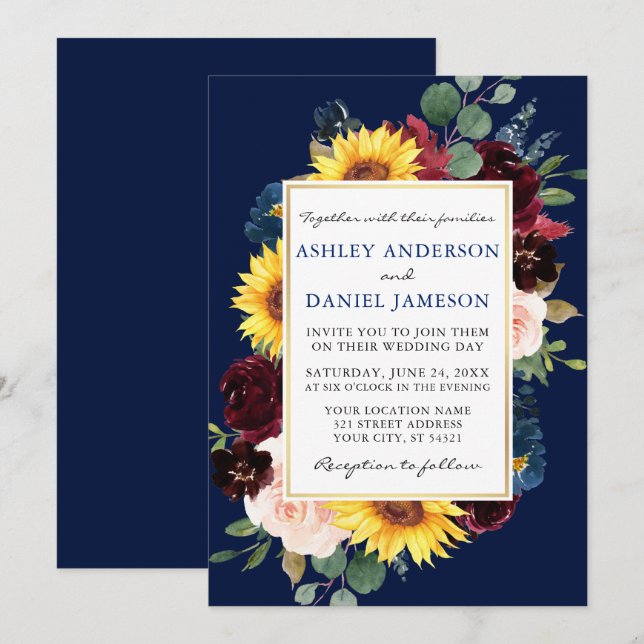 Invitation Aquarelle Floral Mariage bleu or (Devant / Derrière)