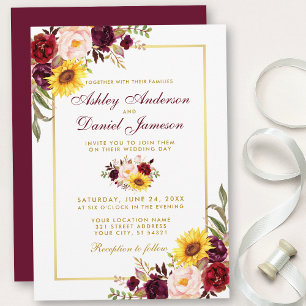 Invitation Aquarelle Floral Mariage Bourgogne Or