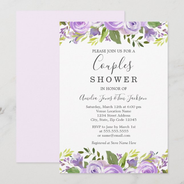 Invitation Aquarelle Floral Mariage Couples Douche (Devant / Derrière)