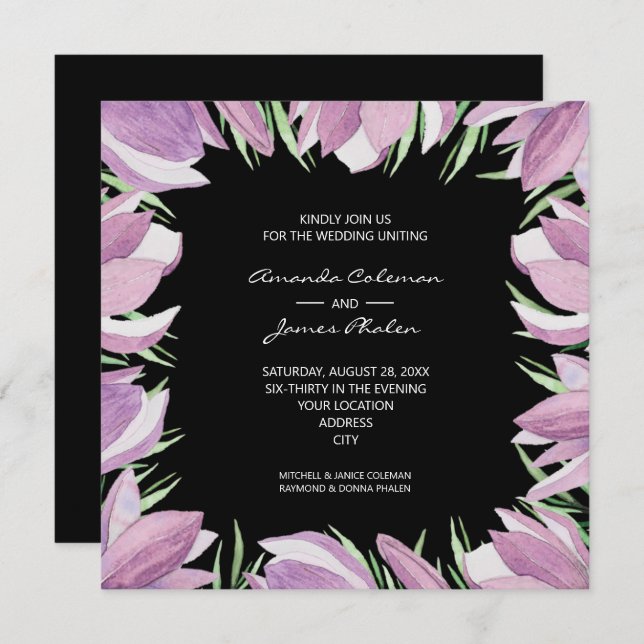 Invitation Aquarelle Floral Mariage noir (Devant / Derrière)