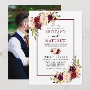 Invitation Aquarelle Floral Mariage photo Bourgogne Cadre