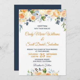 Invitation Aquarelle Floral Marine bleu Coral Mariage de pêch