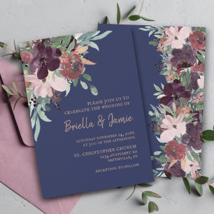 Invitation Aquarelle Floral Marine Plum & Rose Mariage or