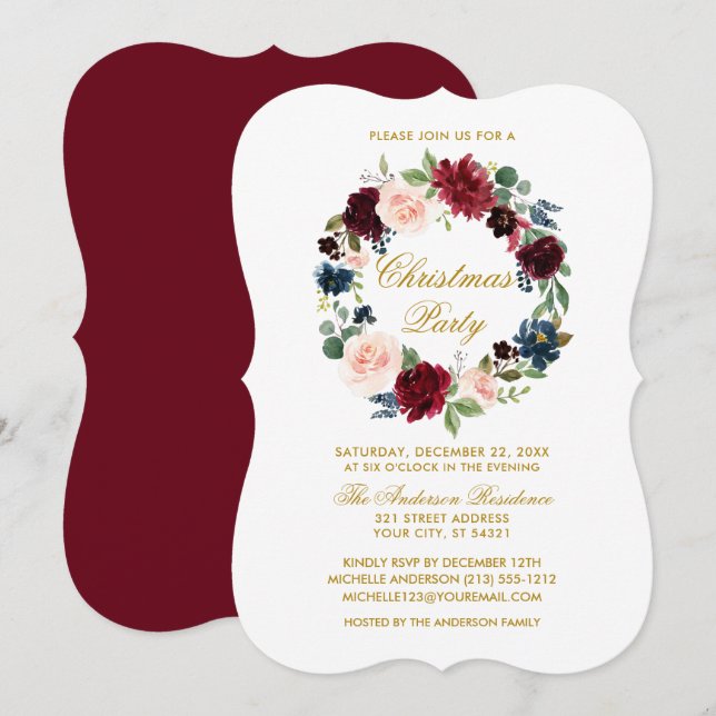 Invitation Aquarelle Floral Noël Party Or BR (Devant / Derrière)
