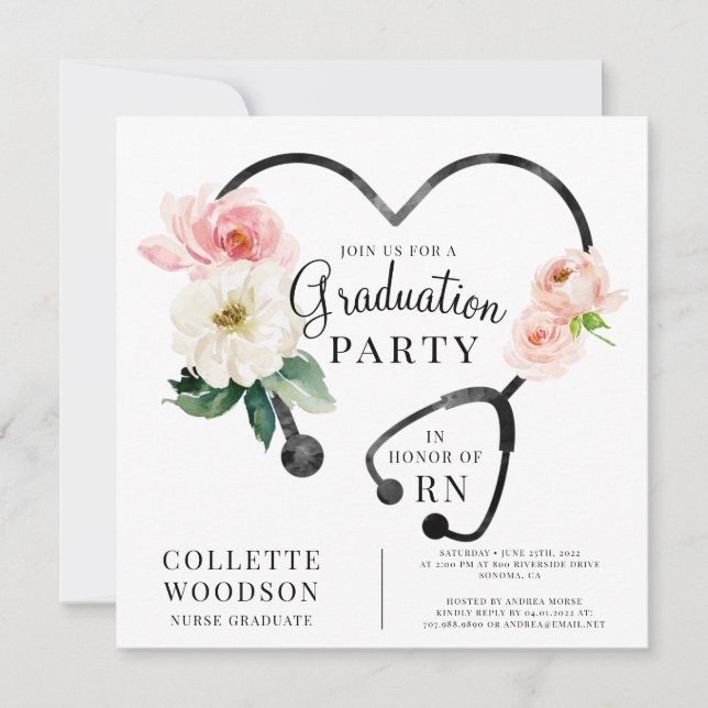 Invitation Aquarelle Floral Nurse Graduation (Devant)