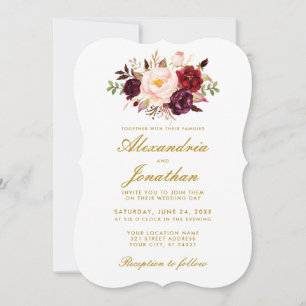 Invitation Aquarelle Floral Or Bourgogne Mariage BR