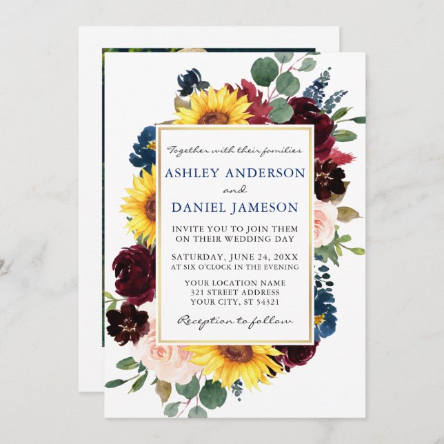 Invitation Aquarelle Floral or Mariage bleu photo (Devant / Derrière)