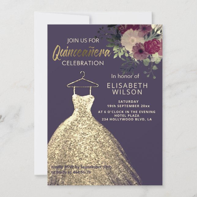 Invitation Aquarelle Floral or paillettes robe Quinceañera I (Devant)