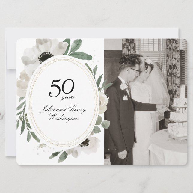 Invitation Aquarelle Floral Or Photo 50e Anniversaire (Devant)