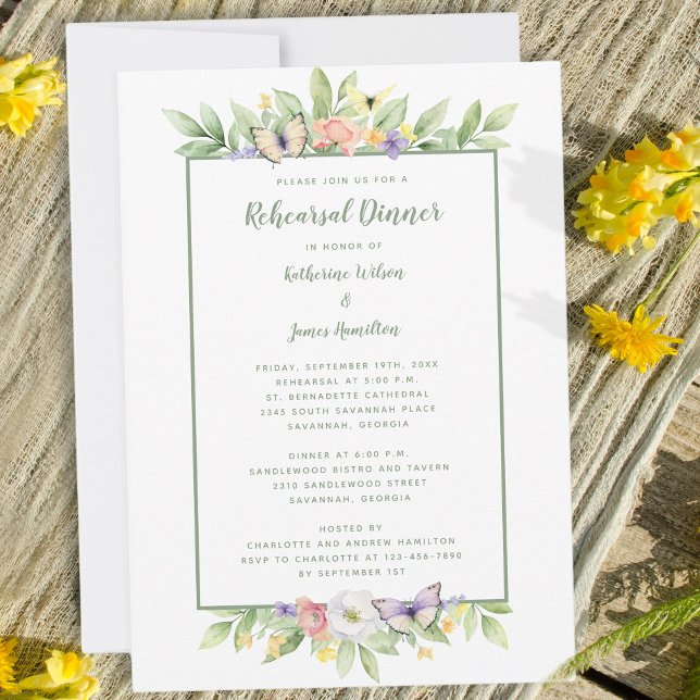 Invitation Aquarelle Floral Papillons Dîner de répétition (Watercolor Floral Butterflies Rehearsal Dinner Invitation)