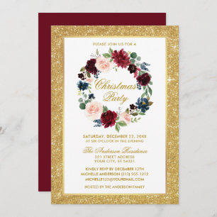 Invitation Aquarelle Floral Parties scintillant or Noël
