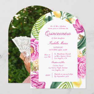 Invitation Aquarelle Floral Peonies Citron Photo Quinceañera