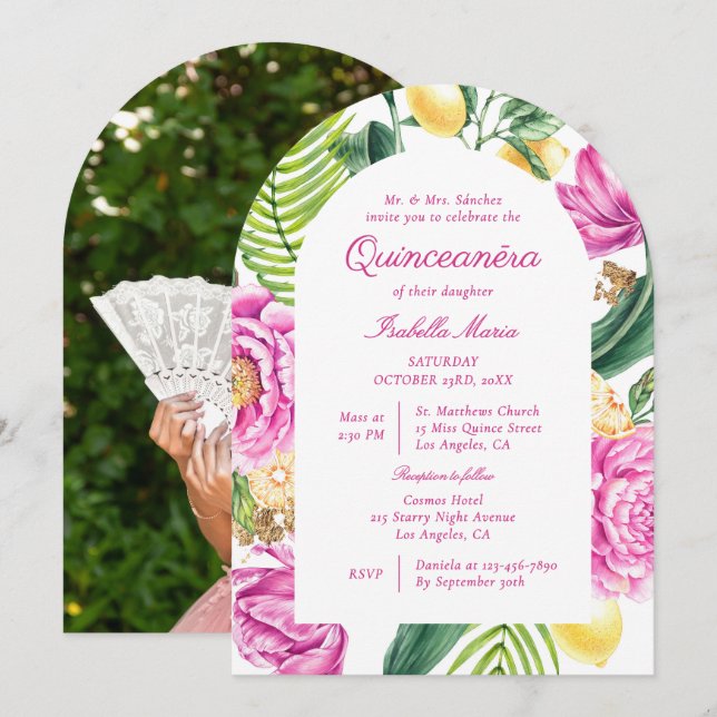 Invitation Aquarelle Floral Peonies Citron Photo Quinceañera (Devant / Derrière)
