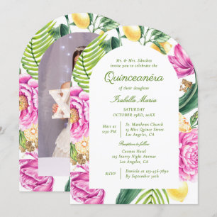 Invitation Aquarelle Floral Peonies Custom Photo Quinceañera