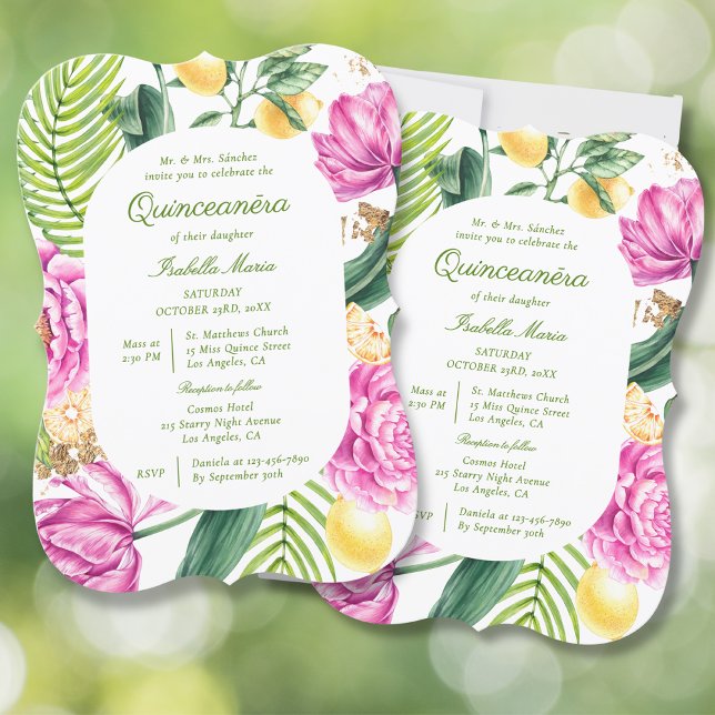 Invitation Aquarelle Floral Peonies QR Code Quinceañera (Créateur téléchargé)
