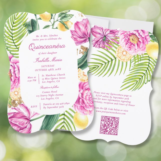 Invitation Aquarelle Floral Peonies QR Code Quinceañera (Créateur téléchargé)