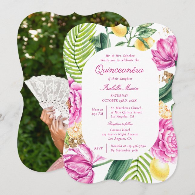 Invitation Aquarelle Floral Peonps Tulipes Lemon Quinceañera (Devant / Derrière)
