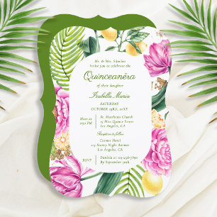 Invitation Aquarelle Floral Peonps Tulipes Lemon Quinceañera