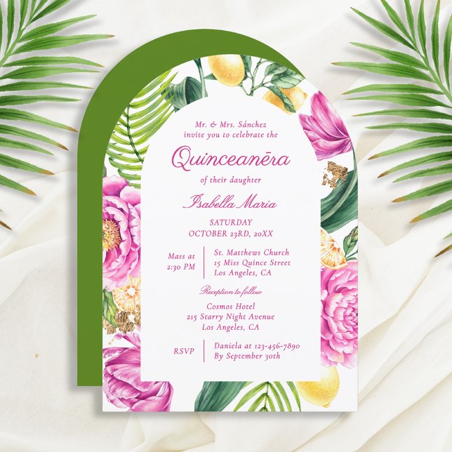 Invitation Aquarelle Floral Peonps Tulipes Lemon Quinceañera (Créateur téléchargé)